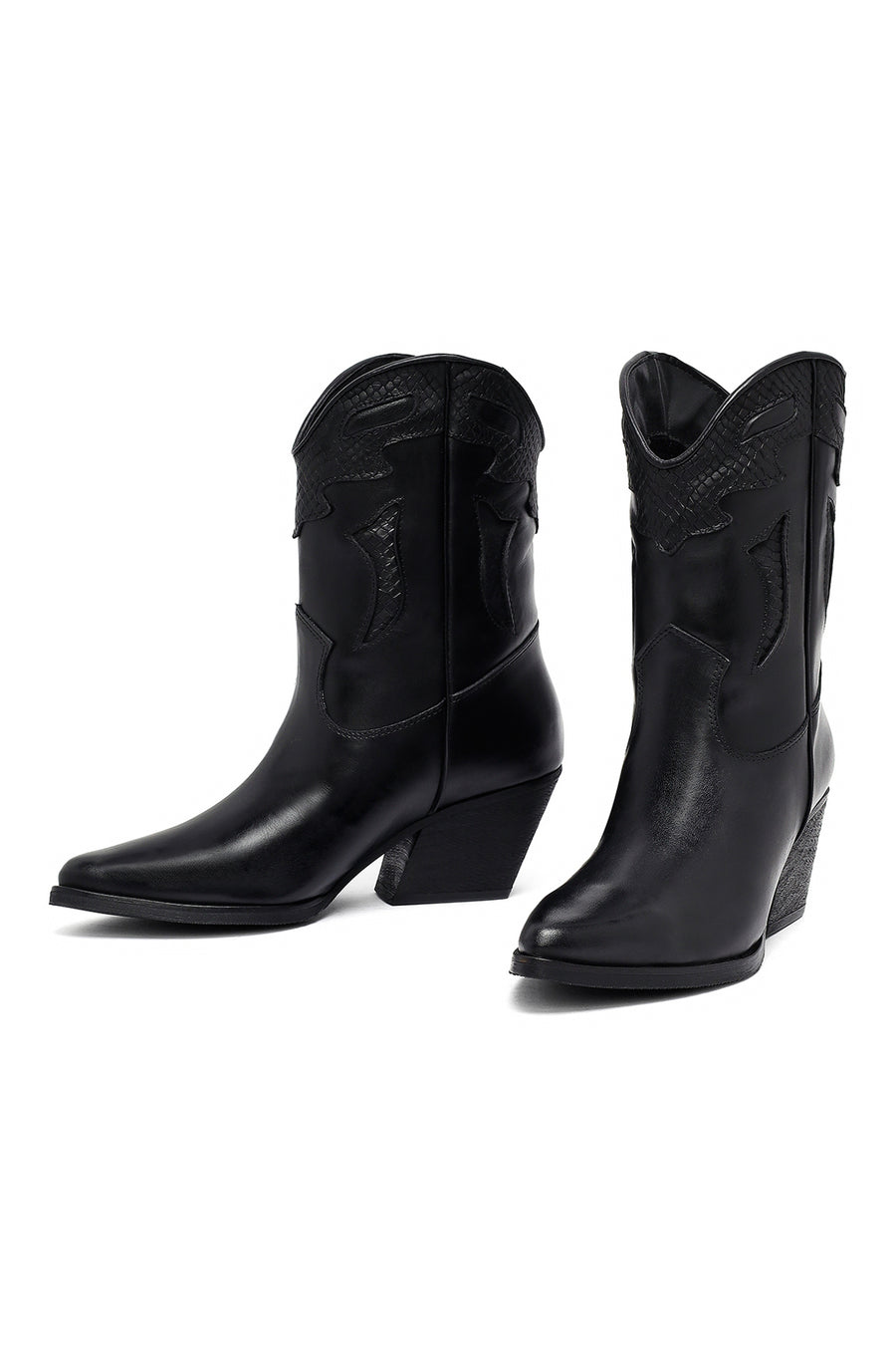 Woman Black Low Heels Leather Cowboy Boots