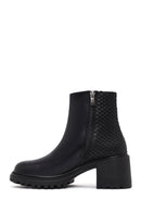 Women's Black Zippered Thick Heeled Leather Boot | Derimod