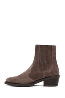 Women's Taupe Thick Short Heel Suede Leather Chelsea Cowboy Boot | Derimod