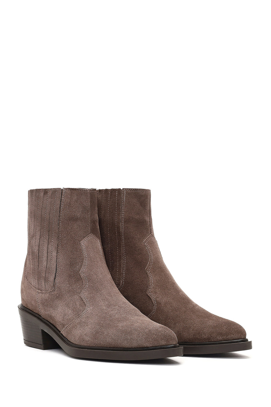 Women's Taupe Thick Short Heel Suede Leather Chelsea Cowboy Boot