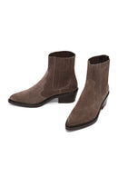 Women's Taupe Thick Short Heel Suede Leather Chelsea Cowboy Boot | Derimod