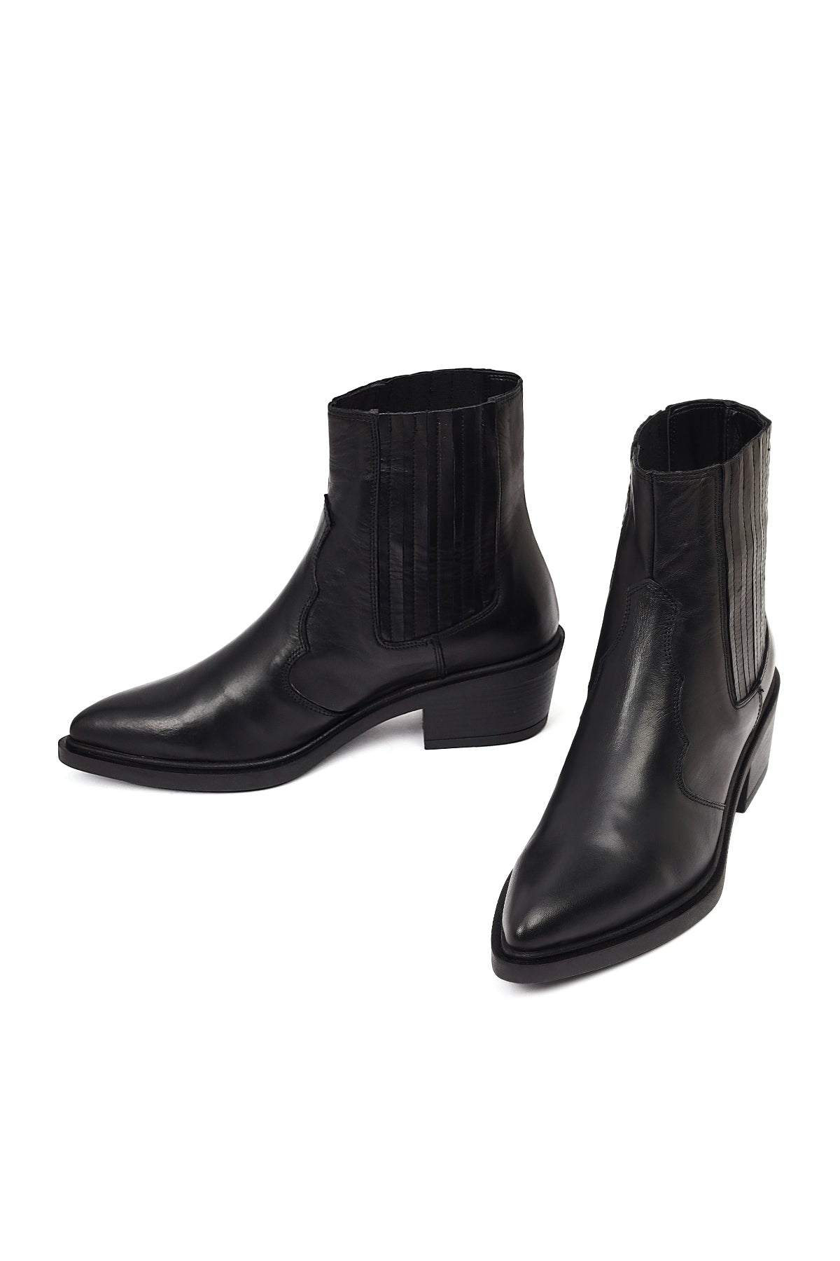 Kadın Siyah Kısa Kalın Topuklu Deri Kovboy Bot