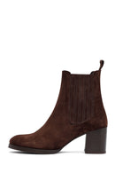 Woman Brown Chunky Heel Suede Leather Chelsea Boots | Derimod