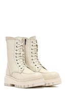 Woman Beige Zippered Thick Sole Leather Postal Boots | Derimod