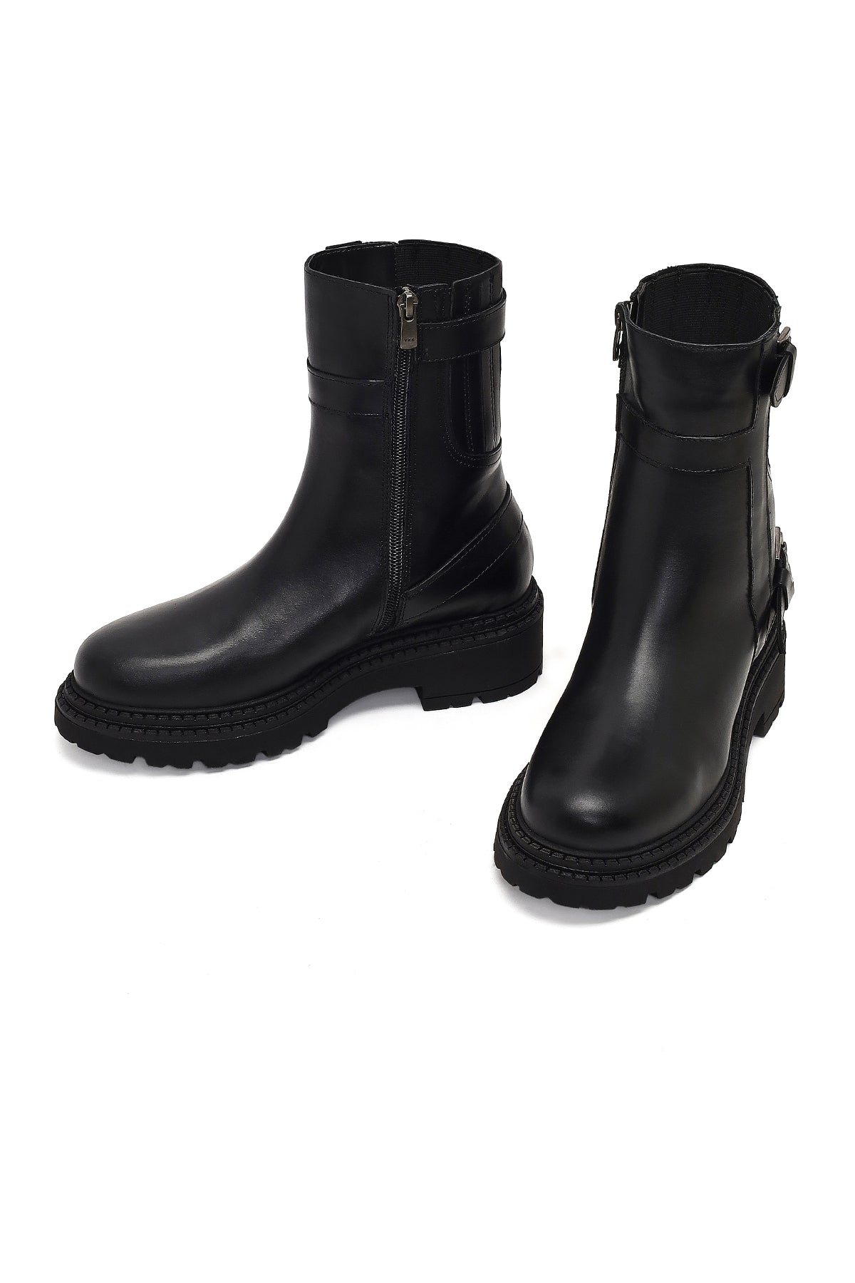 Kadın Siyah Fermuarlı Kalın Tabanlı Deri Bot