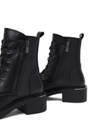 Women's Black Lace-Up Zipper Leather Combat Boots | Derimod