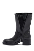 Kadın Siyah Fermuarlı Kısa Kalın Topuklu Deri Bot | Derimod