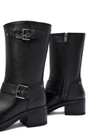 Kadın Siyah Fermuarlı Kısa Kalın Topuklu Deri Bot | Derimod