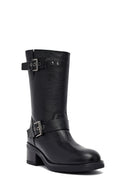 Kadın Siyah Fermuarlı Kısa Kalın Topuklu Deri Bot | Derimod