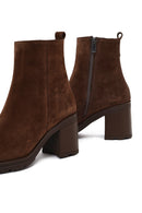 Women's Brown Zippered Thick Heeled Suede Leather Boot | Derimod