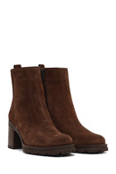 Women's Brown Zippered Thick Heeled Suede Leather Boot | Derimod