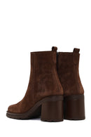 Women's Brown Zippered Thick Heeled Suede Leather Boot | Derimod