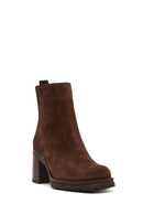Women's Brown Zippered Thick Heeled Suede Leather Boot | Derimod