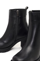 Women's Black Zippered Thick Heeled Leather Boot | Derimod