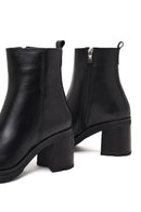 Women's Black Zippered Thick Heeled Leather Boot | Derimod