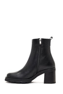 Women's Black Zippered Thick Heeled Leather Boot | Derimod