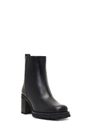 Women's Black Zippered Thick Heeled Leather Boot | Derimod