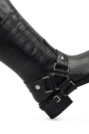 Women's Black Leather Biker Boot | Derimod