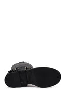 Women's Black Leather Biker Boot | Derimod