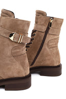 Women's Mink Zippered Lace-Up Suede Leather Combat Boot | Derimod