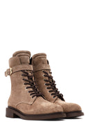 Women's Mink Zippered Lace-Up Suede Leather Combat Boot | Derimod