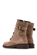 Women's Mink Zippered Lace-Up Suede Leather Combat Boot | Derimod