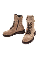 Women's Mink Zippered Lace-Up Suede Leather Combat Boot | Derimod