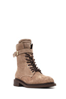 Women's Mink Zippered Lace-Up Suede Leather Combat Boot | Derimod