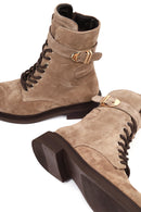 Women's Mink Zippered Lace-Up Suede Leather Combat Boot | Derimod
