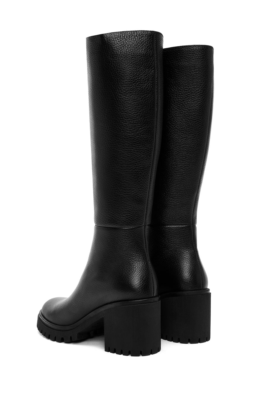 Woman Black Zippered Chunky Heels Leather Boot