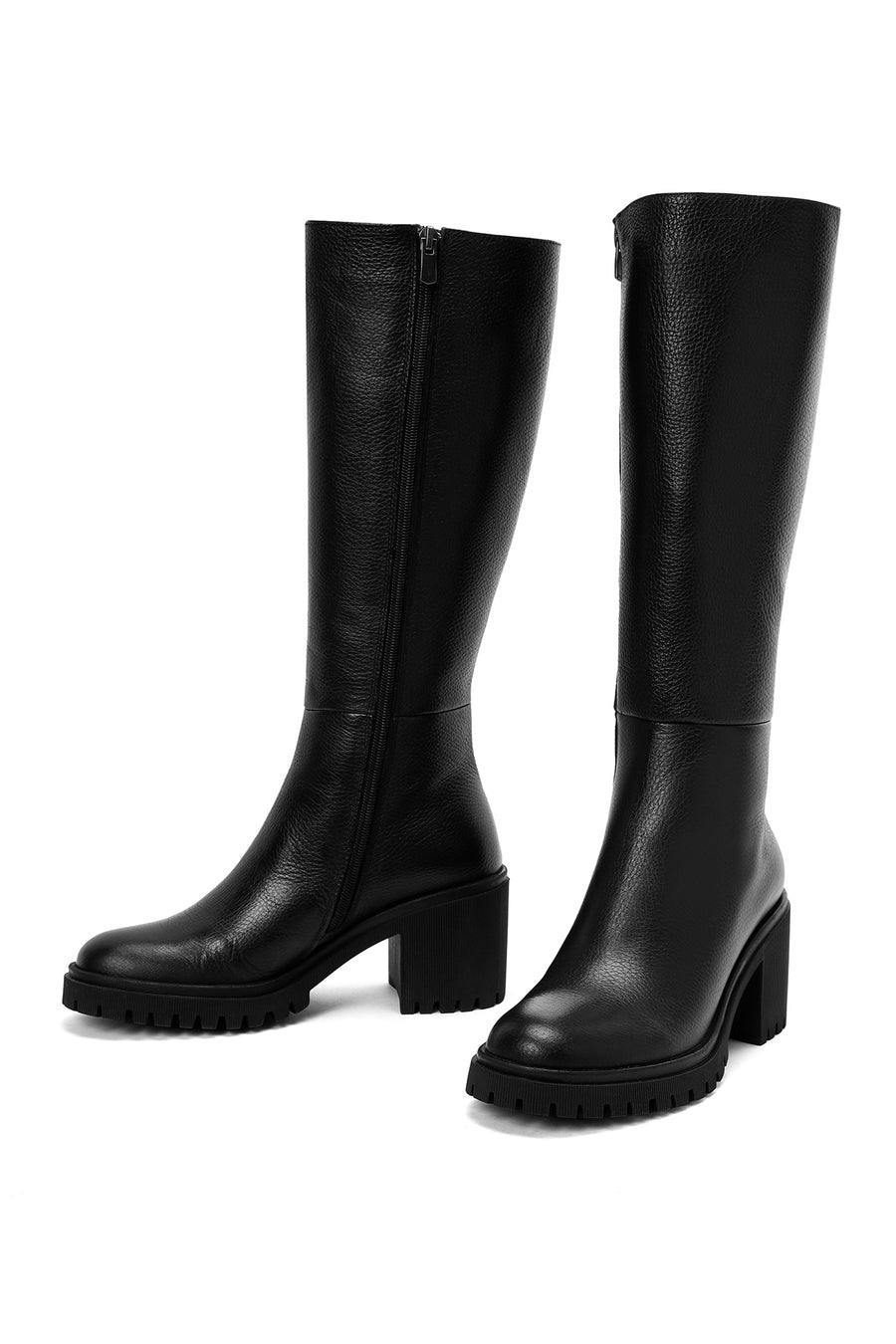 Woman Black Zippered Chunky Heels Leather Boot