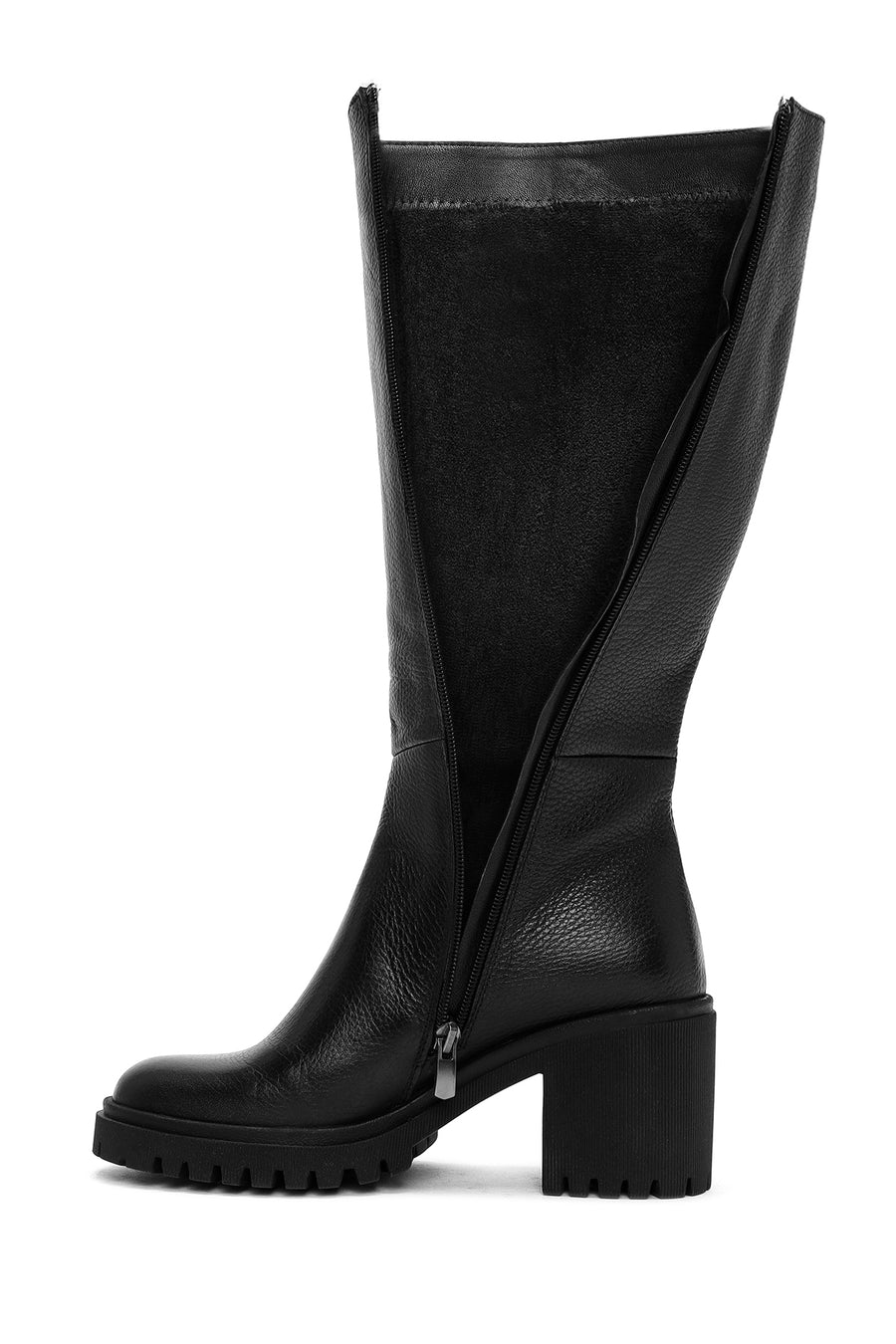 Woman Black Zippered Chunky Heels Leather Boot