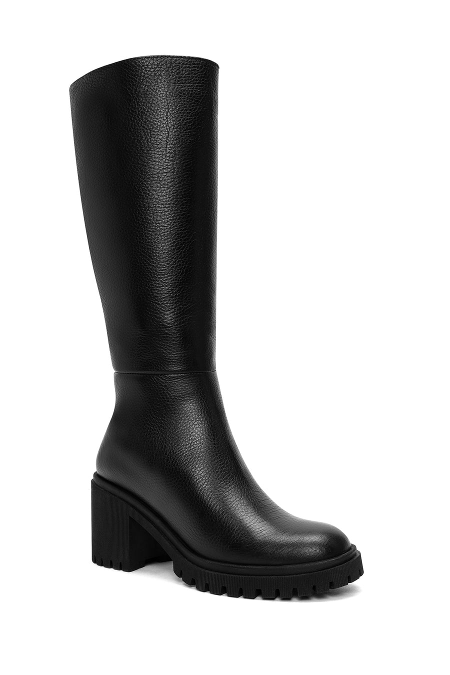 Woman Black Zippered Chunky Heels Leather Boot