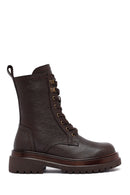 Women's Brown Zippered Lace-Up Leather Combat Boots | Derimod