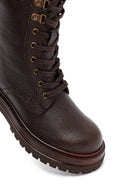 Women's Brown Zippered Lace-Up Leather Combat Boots | Derimod