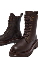 Women's Brown Zippered Lace-Up Leather Combat Boots | Derimod