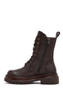 Women's Brown Zippered Lace-Up Leather Combat Boots | Derimod