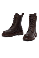 Women's Brown Zippered Lace-Up Leather Combat Boots | Derimod