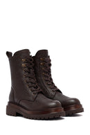 Women's Brown Zippered Lace-Up Leather Combat Boots | Derimod