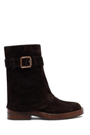 Women's Brown Zippered Suede Leather Biker Boots | Derimod