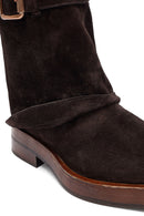 Women's Brown Zippered Suede Leather Biker Boots | Derimod