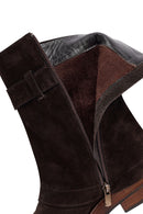 Women's Brown Zippered Suede Leather Biker Boots | Derimod