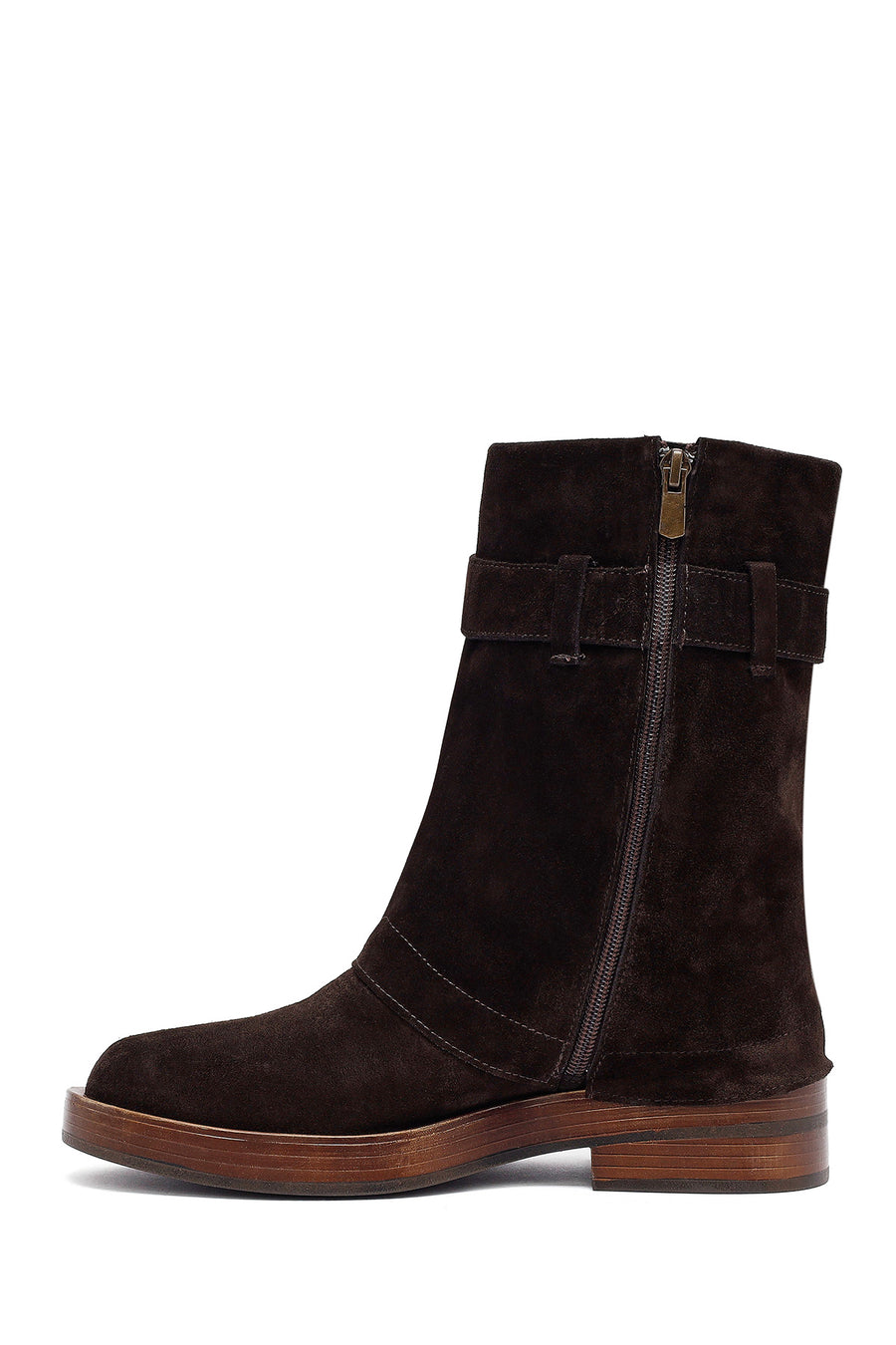 Women's Brown Zippered Suede Leather Biker Boots
