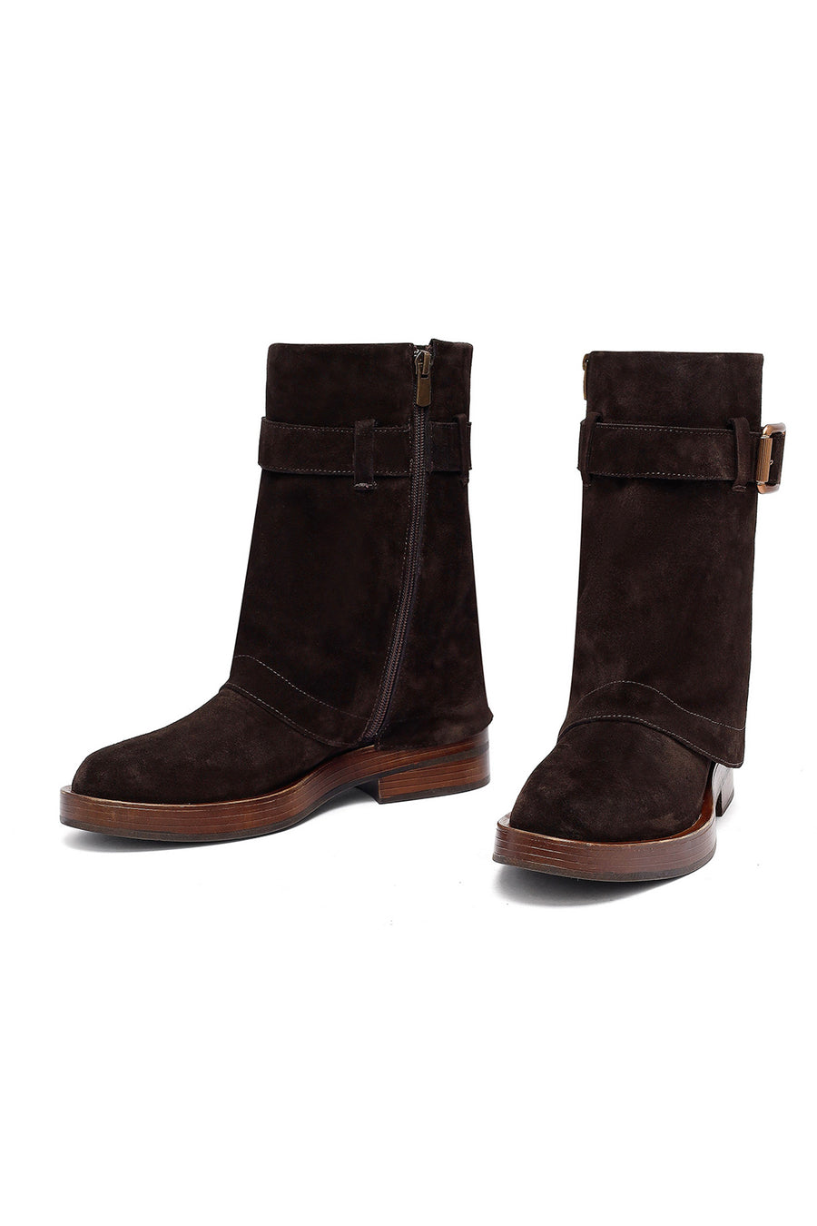 Women's Brown Zippered Suede Leather Biker Boots