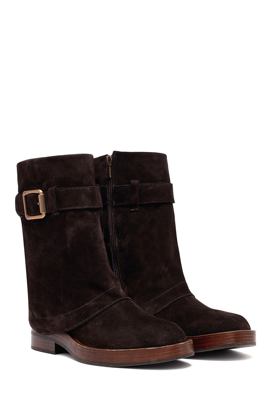 Women's Brown Zippered Suede Leather Biker Boots