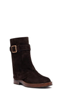 Women's Brown Zippered Suede Leather Biker Boots | Derimod