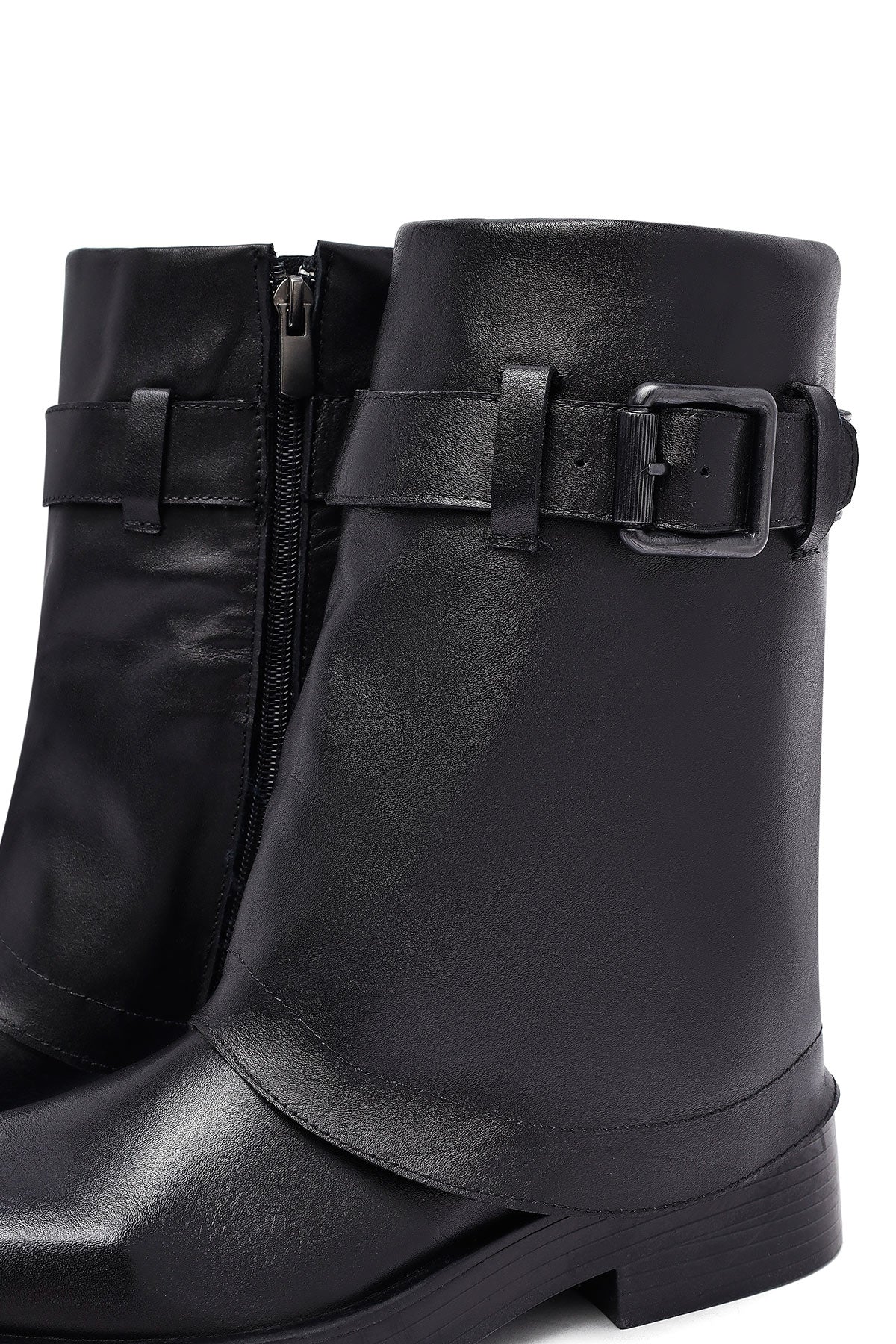 Kadın Siyah Tokalı Biker Deri Bot