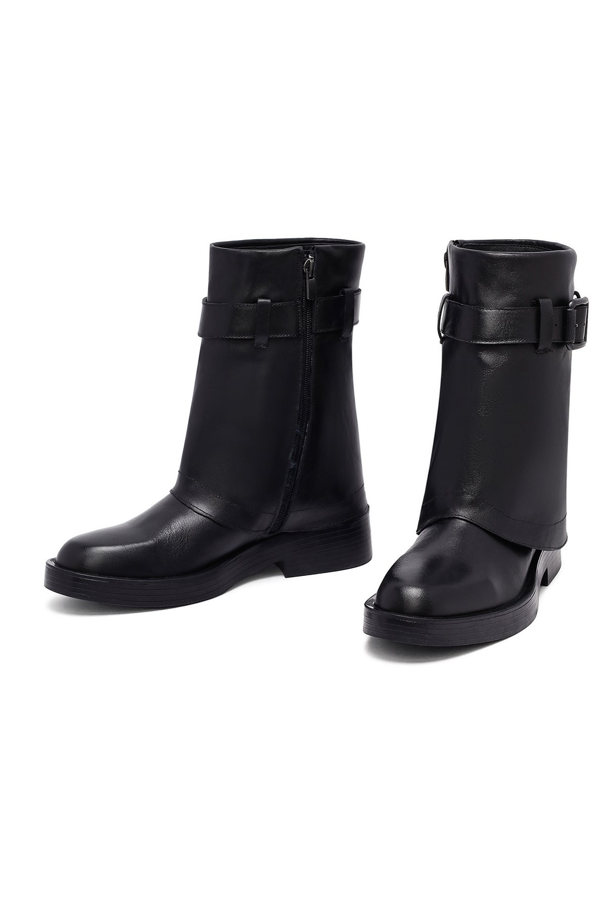 Kadın Siyah Tokalı Biker Deri Bot