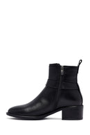 Women's Black Zippered Short Thick Heeled Leather Boots | Derimod