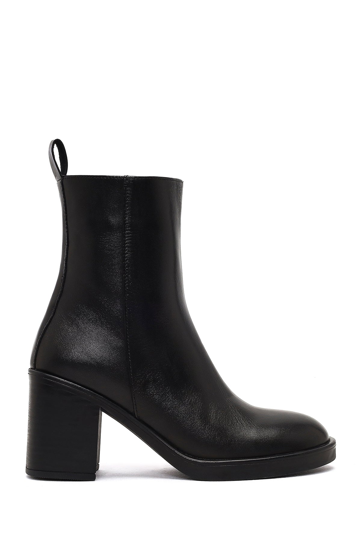 Kadın Siyah Fermuarlı Kalın Topuklu Deri Bot
